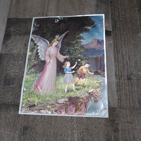 Vintage Foil Gaurdian Angel with Children Print Dufex England Christian 8 by 6 - Picture 2 of 6